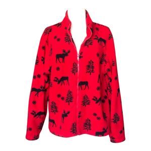 Diagonal Red Fleece Zip Front Jacket Moose Tree Snowflake Print Women's Sz Large